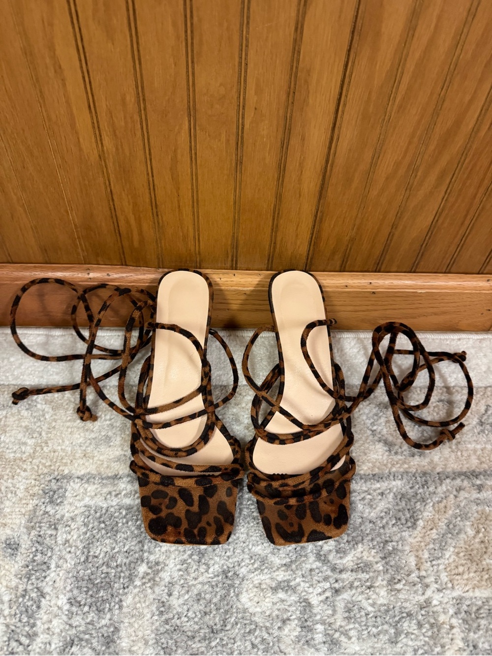 SHEIN Leopard Print Lace-Up kitten Heeled Sandals - Brown